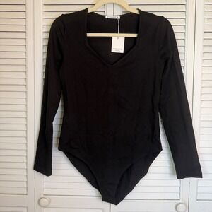Mangopop Black V-Neck Long Sleeve Bodysuit Womens Medium NWT Minimalist Capsule